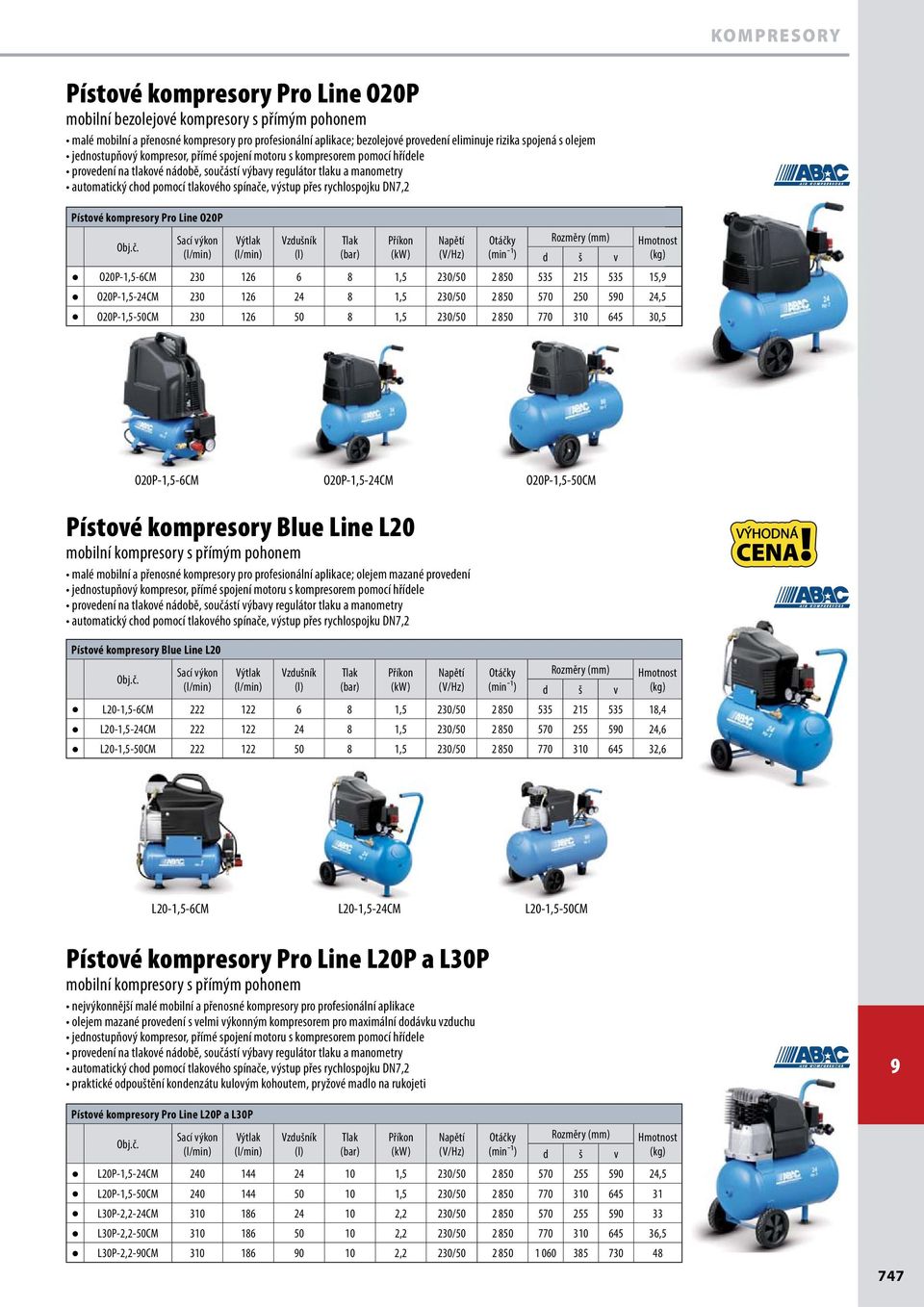 30,5 O20P-1,5-6CM O20P-1,5-24CM 24CM O20P-1,5-50CM Pístové kompresory Blue Line L20 mobilní kompresory s přímým pohonem Pístové kompresory Blue Line L20 Sací výkon Výtlak Vzdušník Tlak Příkon Otáčky