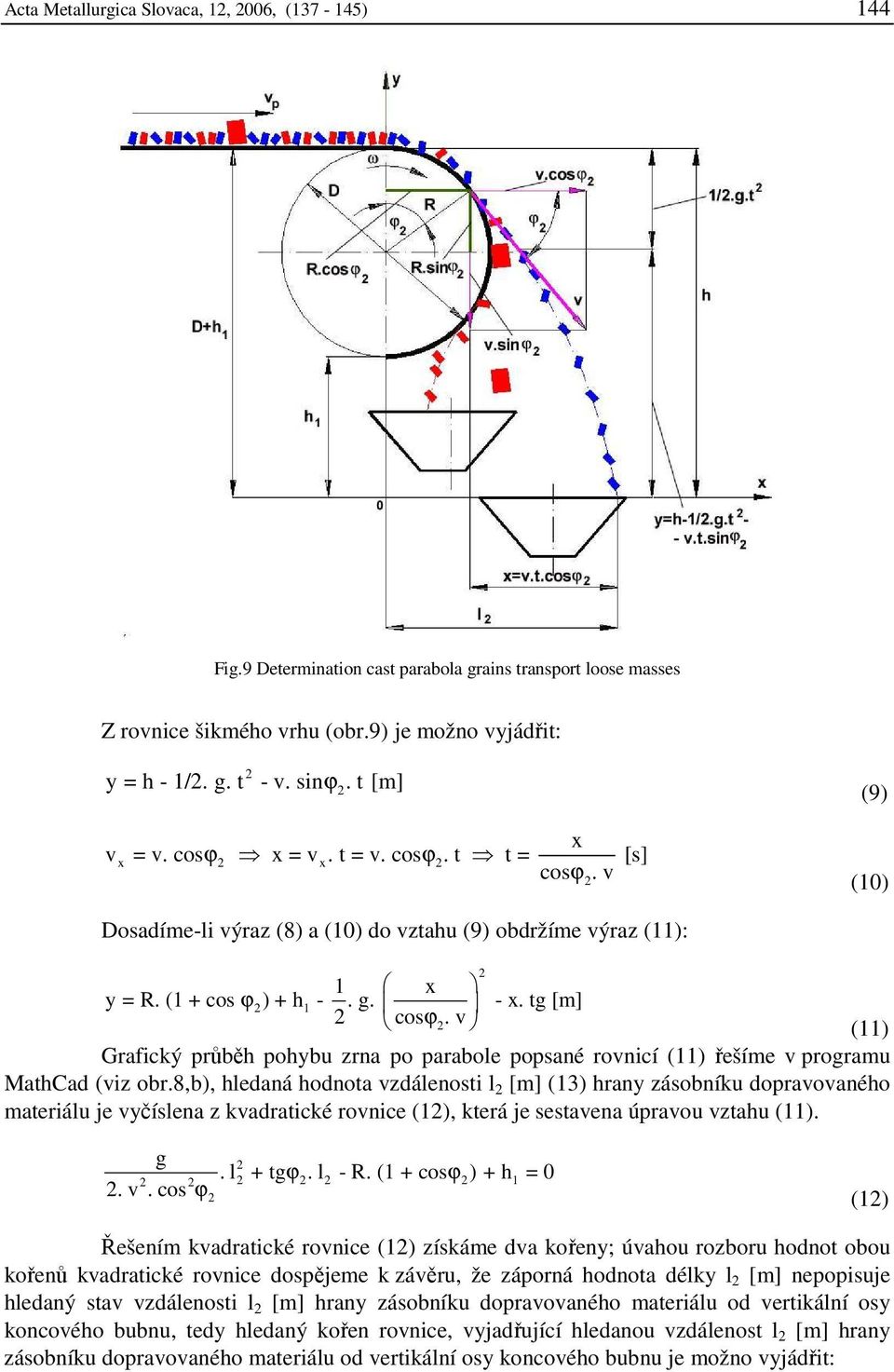 v (11) Grafický průběh pohybu zrna po parabole popsané rovnicí (11) řešíme v programu MathCad (viz obr.