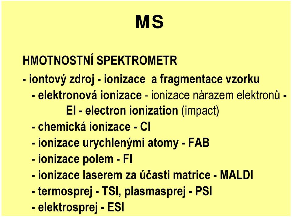 ionizace - CI - ionizace urychlenými atomy - FAB - ionizace polem - FI - ionizace