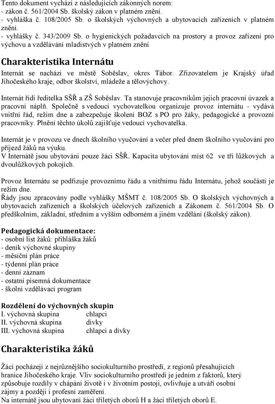 o hygienických požadavcích na prostory a provoz zařízení pro výchovu a vzdělávání mladistvých v platném znění Charakteristika Internátu Internát se nachází ve městě Soběslav, okres Tábor.