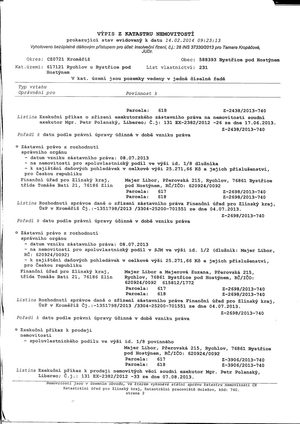 zastavniho prava na nemovitosti soudni exekutor Mgr, Petr Polansky, Liberec; C.j: 131 EX-2382/2Q12-26 ze due 17.