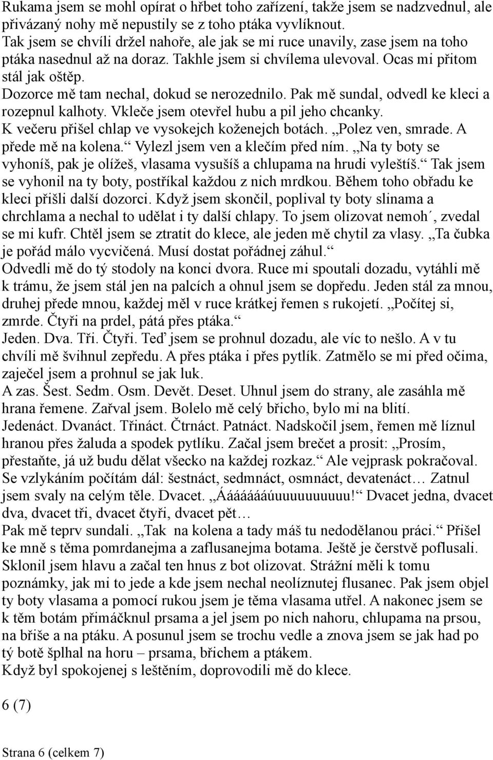 Dozorce mě tam nechal, dokud se nerozednilo. Pak mě sundal, odvedl ke kleci a rozepnul kalhoty. Vkleče jsem otevřel hubu a pil jeho chcanky. K večeru přišel chlap ve vysokejch koženejch botách.