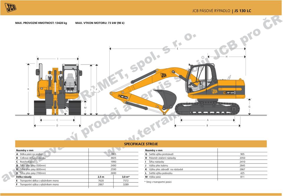 3605 H Poloměr otáčení nástavby 2050 C Rozchod pásů 1990 I Šířka nástavby 2410 D Šířka přes pásy (500mm) 2490 J Výška přes kabinu 2845 D Šířka přes pásy