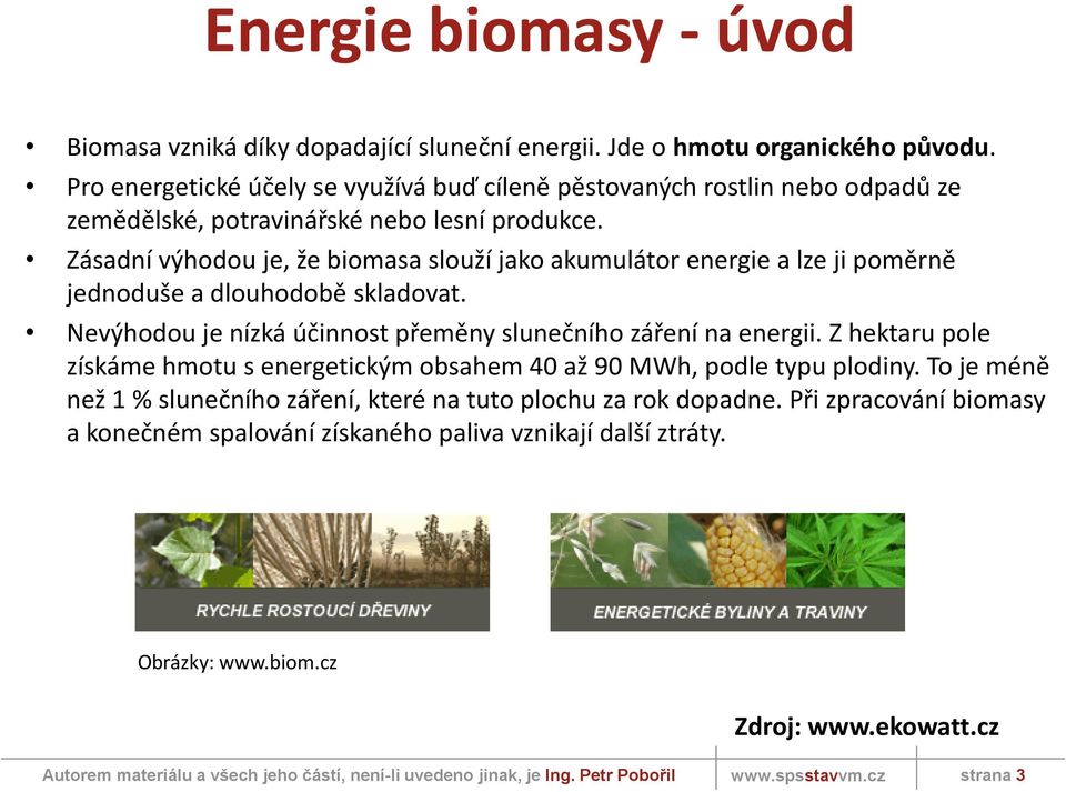 Zásadní výhodou je, že biomasa slouží jako akumulátor energie a lze ji poměrně jednoduše a dlouhodobě skladovat. Nevýhodou je nízká účinnost přeměny slunečního záření na energii.