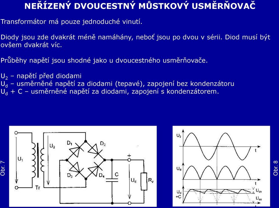 Průběhy napětí jsou shodné jako u dvoucestného usměrňovače.