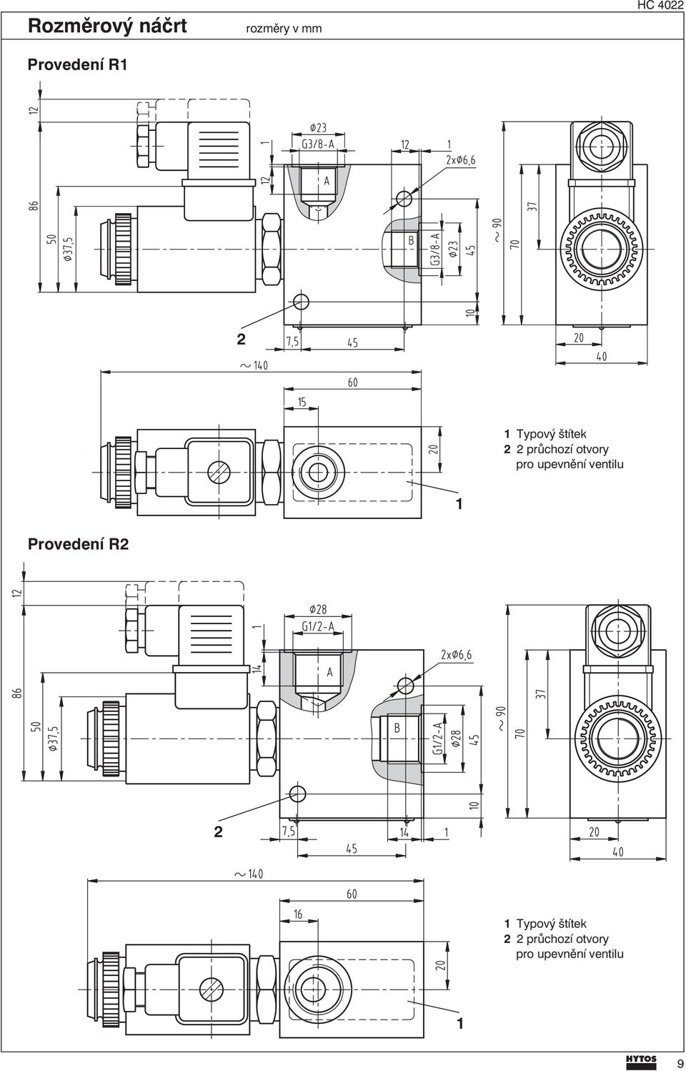 upevnění ventilu 1 Provedení R 1 Typový