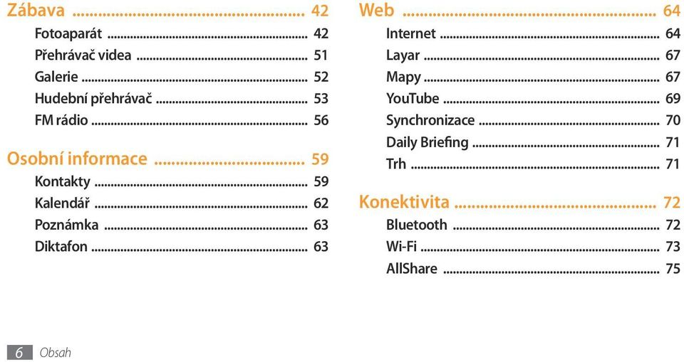 .. 63 Diktafon... 63 Web... 64 Internet... 64 Layar... 67 Mapy... 67 YouTube.