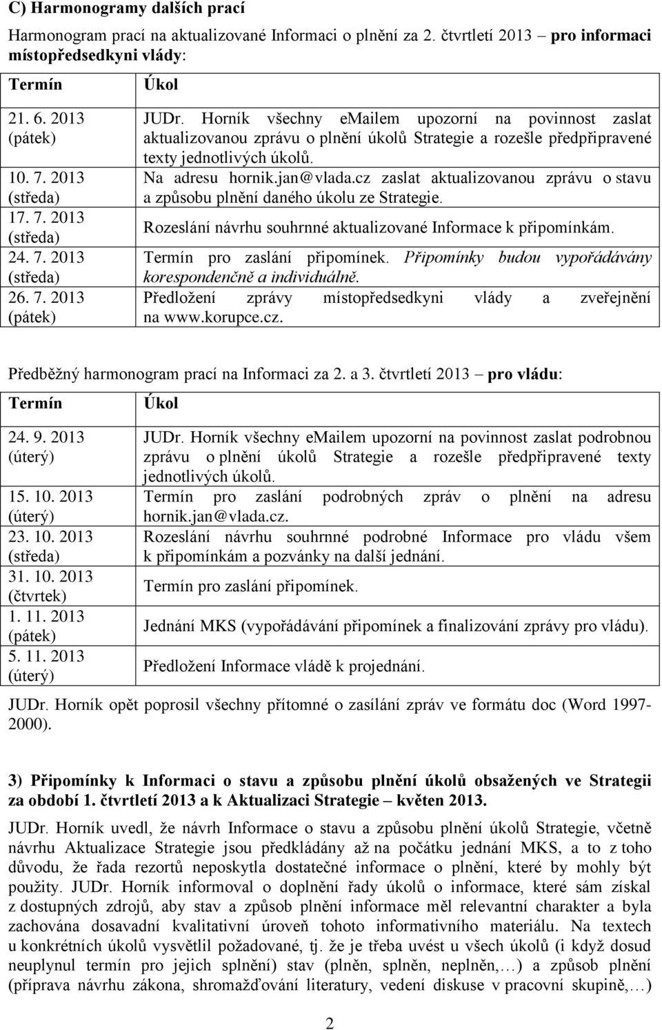 cz zaslat aktualizovanou zprávu o stavu a způsobu plnění daného úkolu ze Strategie. Rozeslání návrhu souhrnné aktualizované Informace k připomínkám. Termín pro zaslání připomínek.