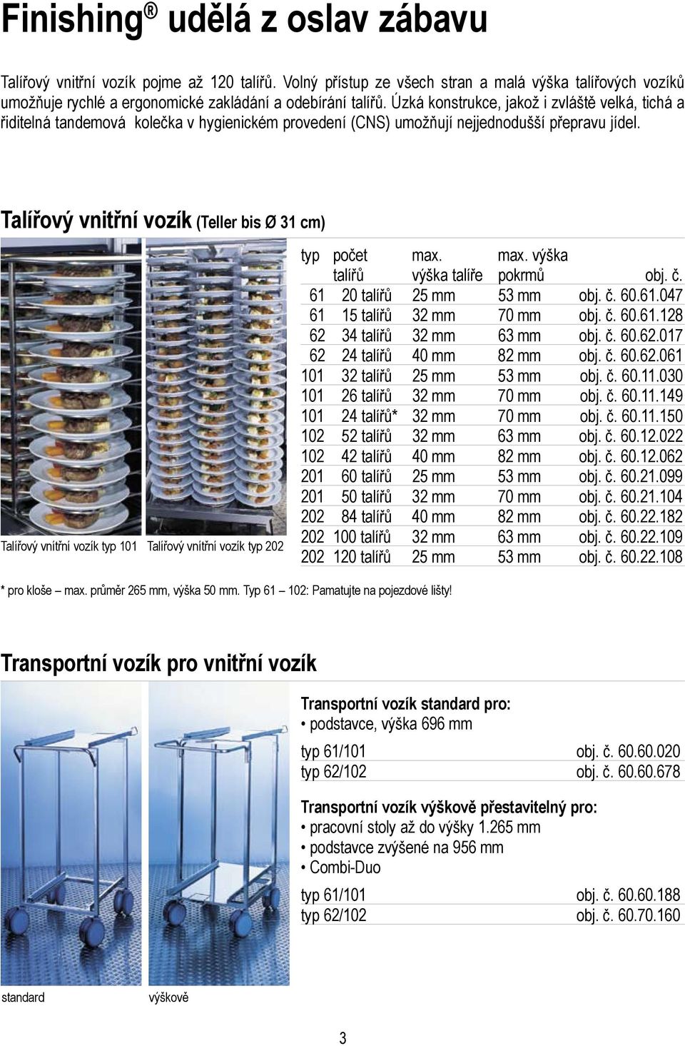 Talířový vnitřní vozík (Teller bis Ø 31 cm) Talířový vnítřní vozík typ 101 Talířový vnítřní vozík typ 202 * pro kloše max. průměr 265 mm, výška 50 mm. Typ 61 102: Pamatujte na pojezdové lišty!