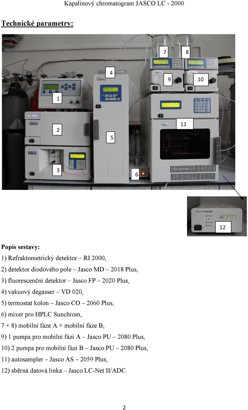 Plus, 6) mixer pro HPLC Sunchrom, 7 + 8) mobilní fáze A + mobilní fáze B, 9) 1 pumpa pro mobilní fázi A Jasco PU 2080 Plus, 10)