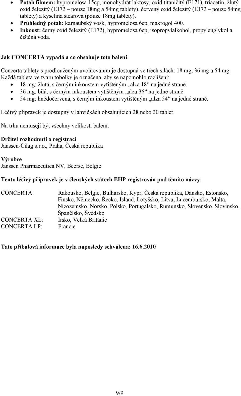 Jak CONCERTA vypadá a co obsahuje toto balení Concerta tablety s prodlouženým uvolňováním je dostupná ve třech silách: 18 mg, 36 mg a 54 mg.