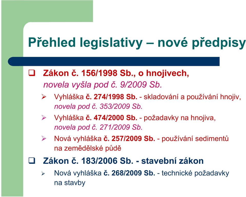 - požadavky na hnojiva, novela pod č. 271/2009 Sb. Nová vyhláška č. 257/2009 Sb.