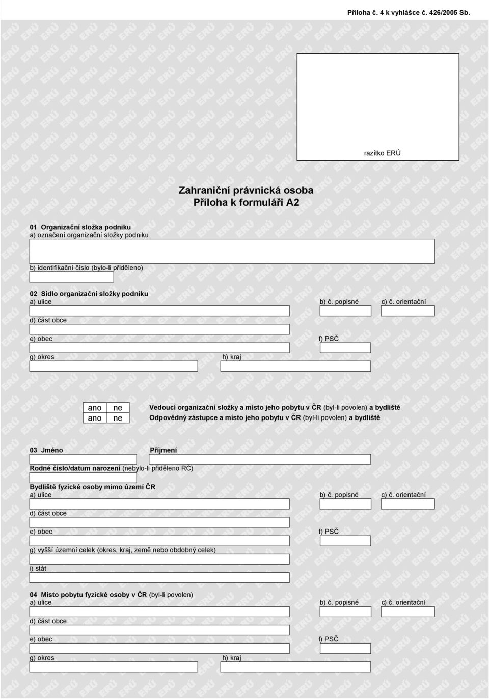 Sídlo organizační složky podniku g) okres h) kraj ano ne Vedoucí organizační složky a místo jeho pobytu v ČR (byl-li povolen) a bydliště ano ne Odpovědný zástupce a