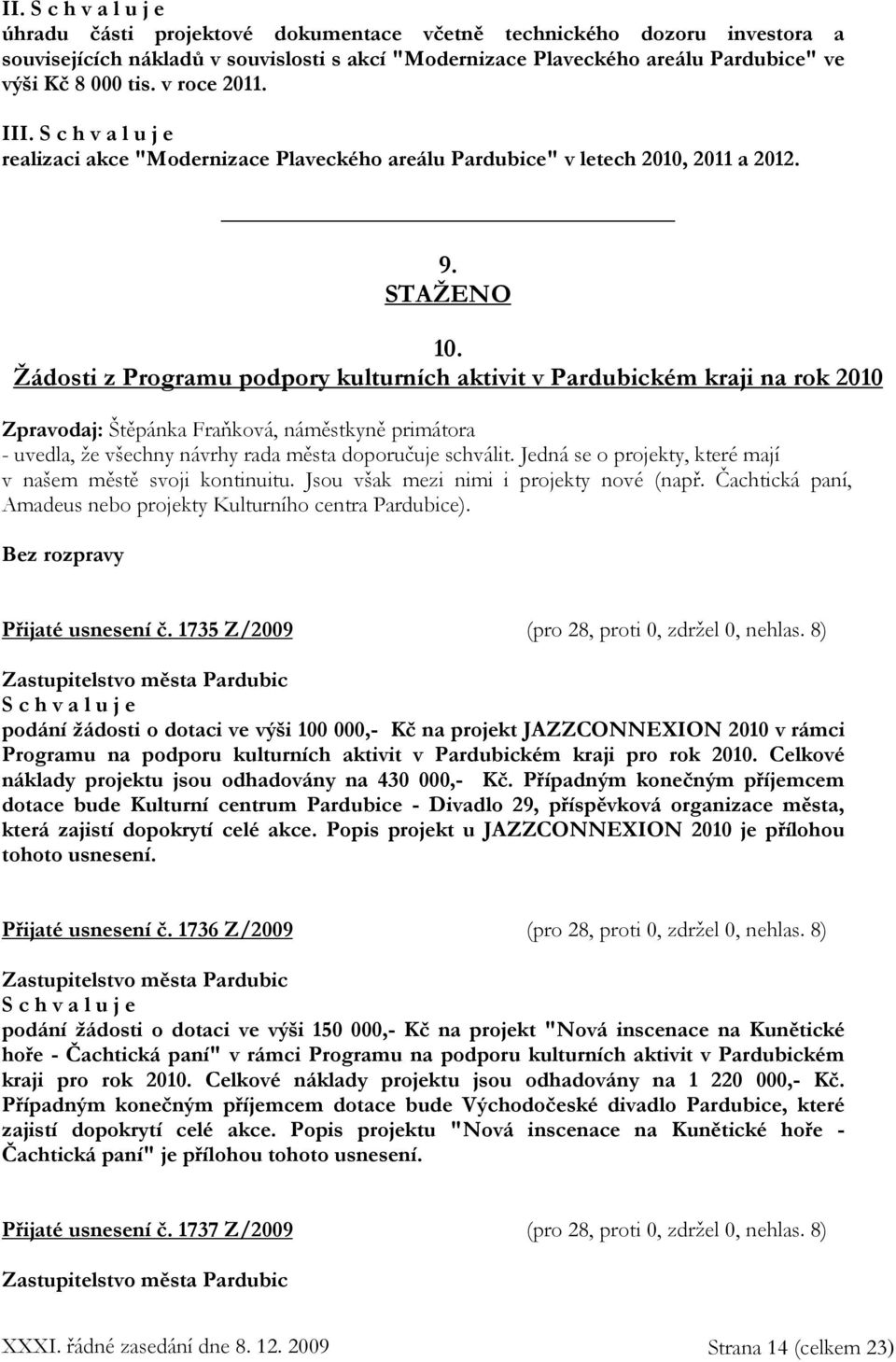 Žádosti z Programu podpory kulturních aktivit v Pardubickém kraji na rok 2010 Zpravodaj: Štěpánka Fraňková, náměstkyně primátora - uvedla, že všechny návrhy rada města doporučuje schválit.