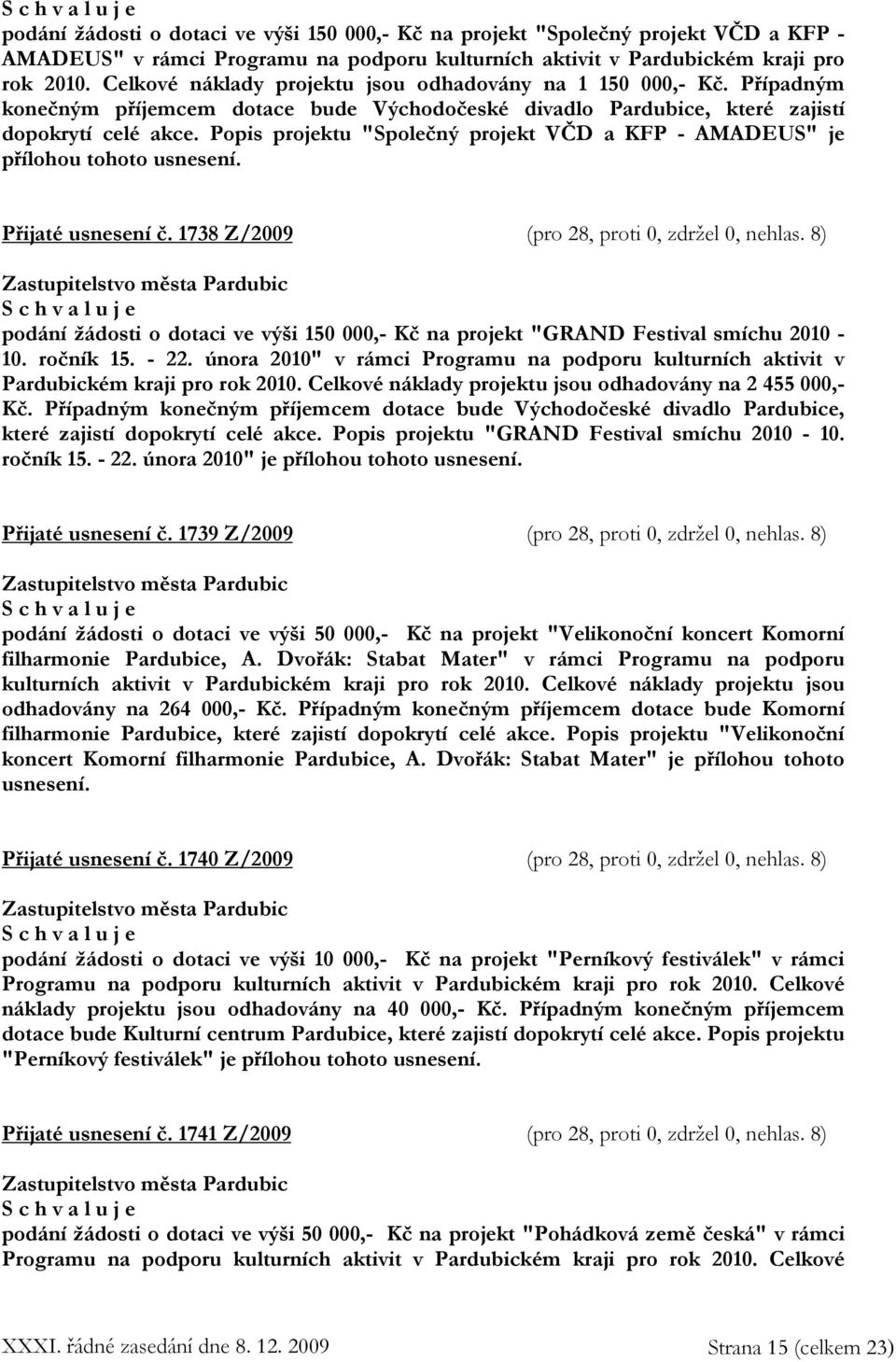 Popis projektu "Společný projekt VČD a KFP - AMADEUS" je přílohou tohoto usnesení. Přijaté usnesení č. 1738 Z/2009 (pro 28, proti 0, zdržel 0, nehlas.