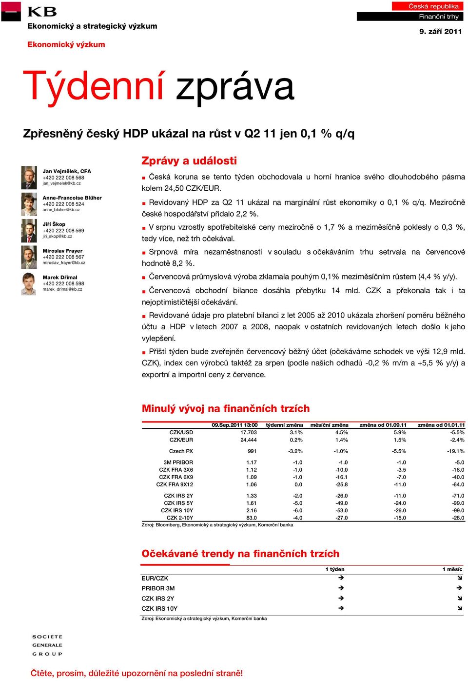 cz Marek Dřímal +420 222 008 598 marek_drimal@kb.cz Zprávy a události Česká koruna se tento týden obchodovala u horní hranice svého dlouhodobého pásma kolem 24,50 CZK/EUR.