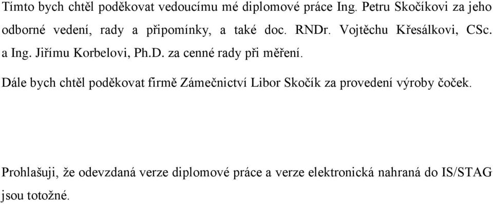 a Ing. Jiřímu Korbelovi, Ph.D. za cenné rady při měření.