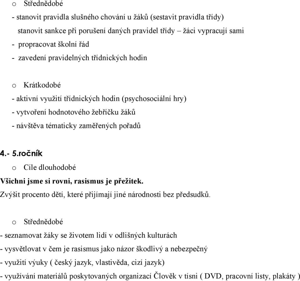 ročník o Cíle dlouhodobé Všichni jsme si rovni, rasismus je přežitek. Zvýšit procento dětí, které přijímají jiné národnosti bez předsudků.