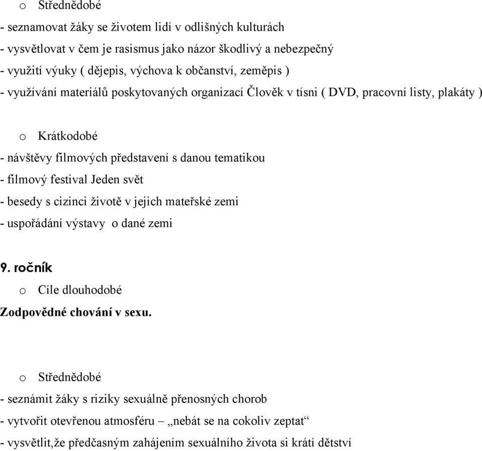 tematikou - filmový festival Jeden svět - besedy s cizinci životě v jejich mateřské zemi - uspořádání výstavy o dané zemi 9. ročník o Cíle dlouhodobé Zodpovědné chování v sexu.