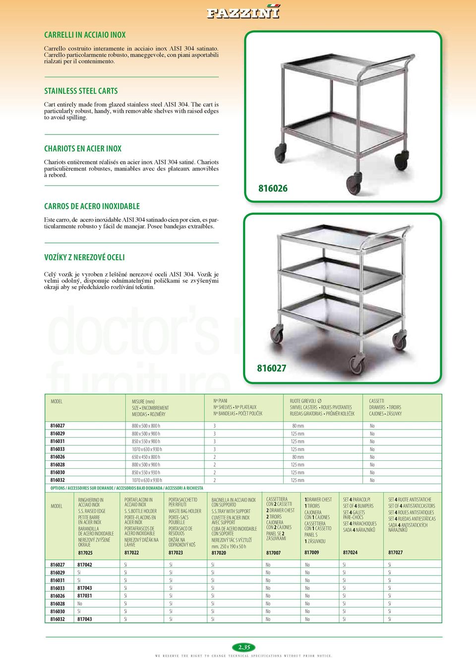 CHARIOTS EN ACIER INOX Chariots entièrement réalisés en acier inox AISI 304 satiné. Chariots particulièrement robustes, maniables avec des plateaux amovibles à rebord.