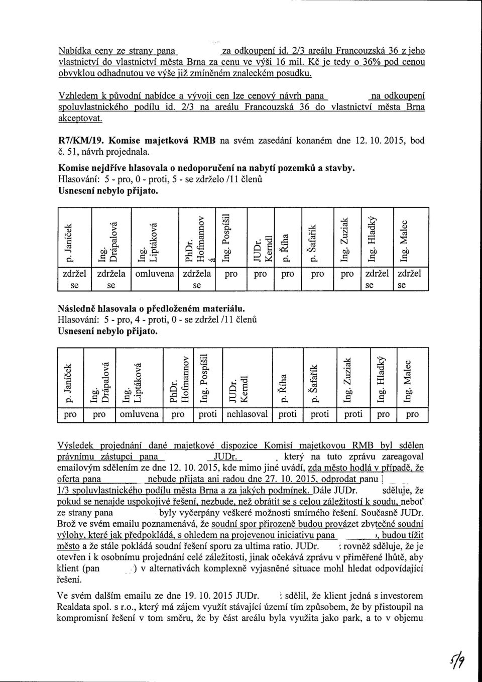 2/3 na areálu Francouzská 36 o vlastnictví města Brna akceptovat. R7/KM/19. Komi majetková RMB na svém zaání konaném ne 12. 10.2015, bo č. 51, návrh jenala.