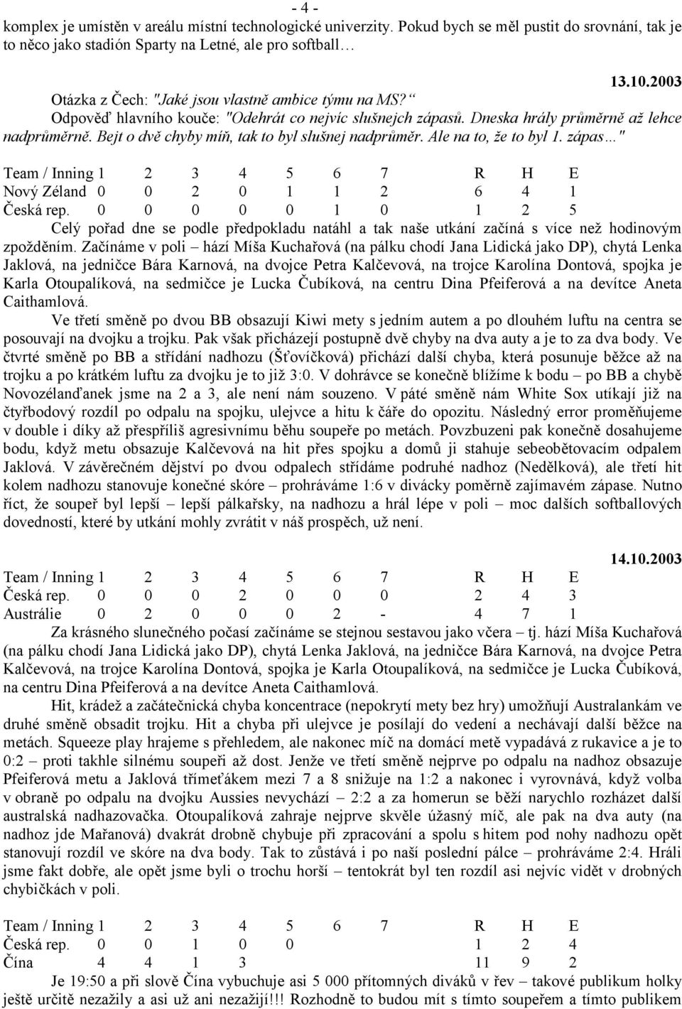 Bejt o dv chyby mí), tak to byl slušnej nadpr#mr. Ale na to, že to byl 1. zápas " Team / Inning1 2 3 4 5 6 7 R H E Nový Zéland 0 0 2 0 1 1 2 6 4 1 eská rep.