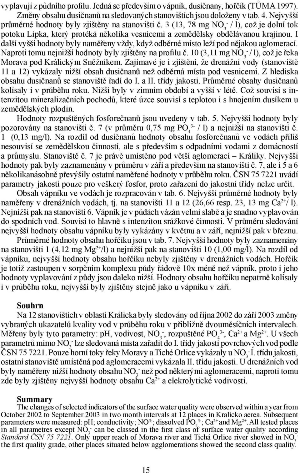 I další vyšší hodnoty byly naměřeny vždy, když odběrné místo leží pod nějakou aglomerací. Naproti tomu nejnižší hodnoty byly zjištěny na profilu č.