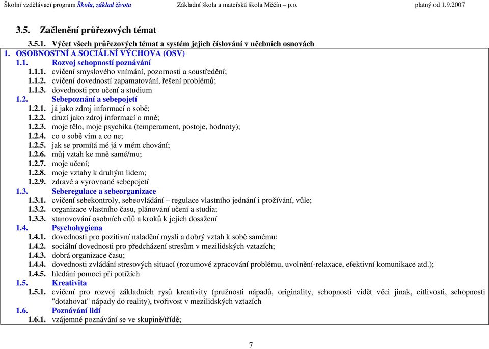 2.3. moje tělo, moje psychika (temperament, postoje, hodnoty); 1.2.4. co o sobě vím a co ne; 1.2.5. jak se promítá mé já v mém chování; 1.2.6. můj vztah ke mně samé/mu; 1.2.7. moje učení; 1.2.8.