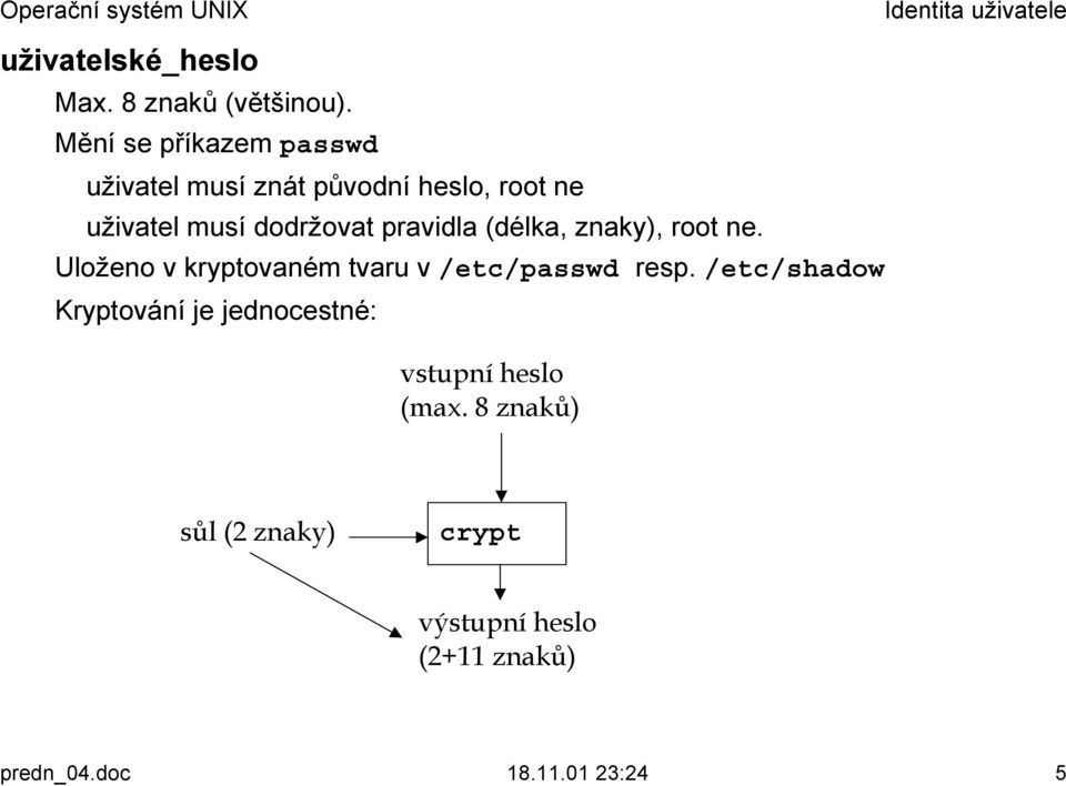 pravidla (délka, znaky), root ne. Uloženo v kryptovaném tvaru v /etc/passwd resp.