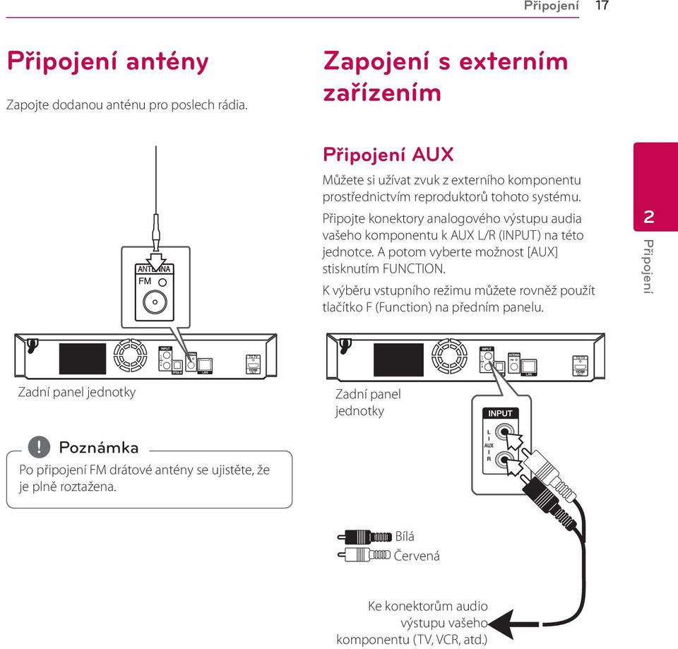 Připojte konektory analogového výstupu audia vašeho komponentu k AUX L/R (INPUT) na této jednotce. A potom vyberte možnost [AUX] stisknutím FUNCTION.