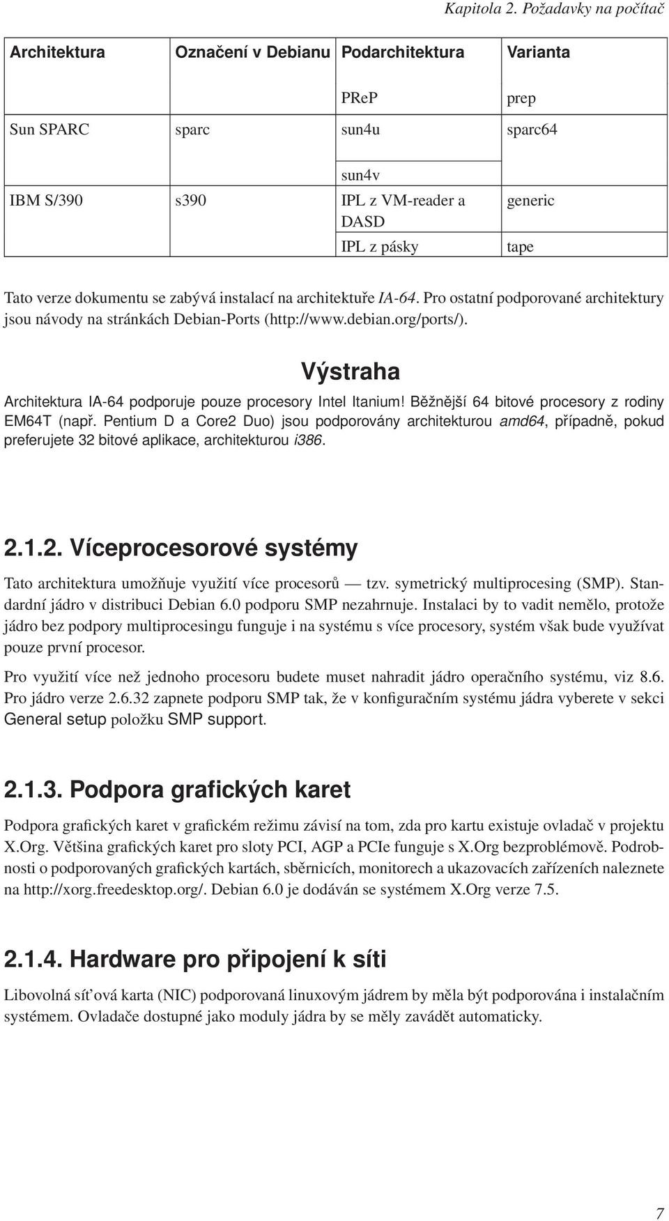 dokumentu se zabývá instalací na architektuře IA-64. Pro ostatní podporované architektury jsou návody na stránkách Debian-Ports (http://www.debian.org/ports/).