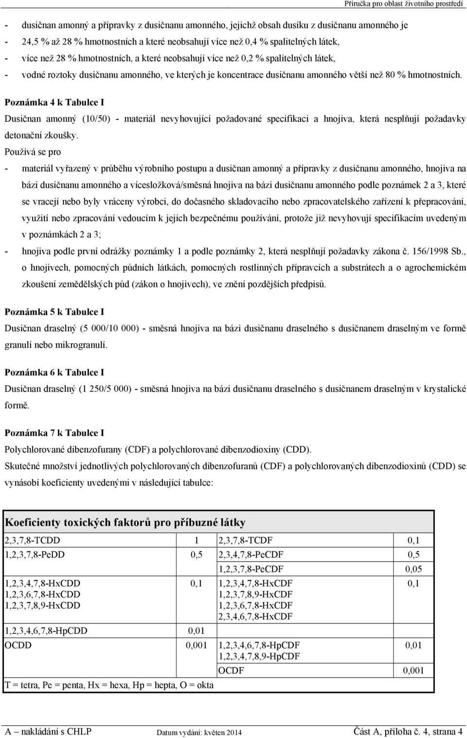 Poznámka 4 k Tabulce I Dusičnan amonný (10/50) - materiál nevyhovující požadované specifikaci a hnojiva, která nesplňují požadavky detonační zkoušky.