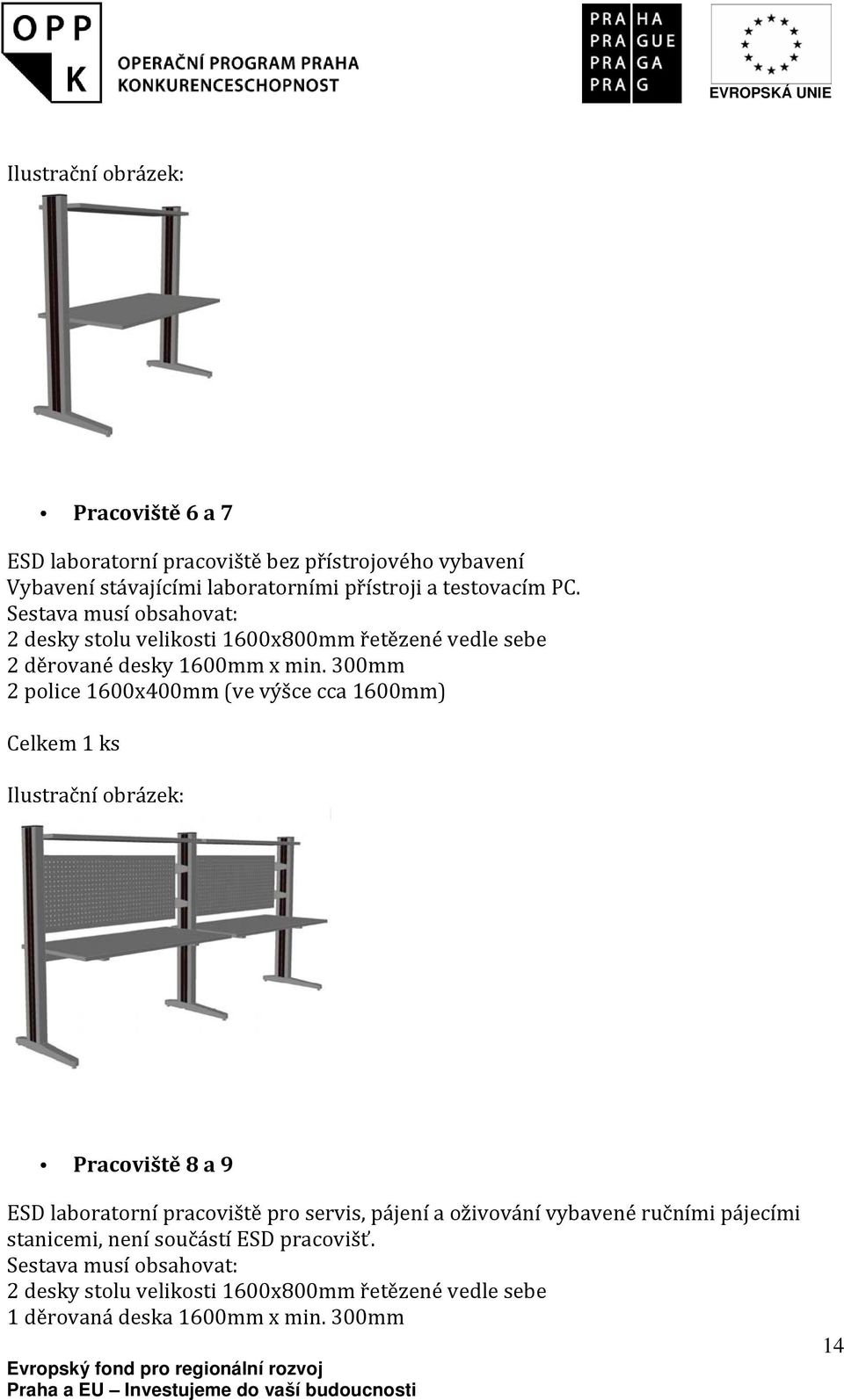 300mm 2 police 1600x400mm (ve výšce cca 1600mm) Celkem 1 ks Pracoviště 8 a 9 ESD laboratorní pracoviště pro servis, pájení a oživování