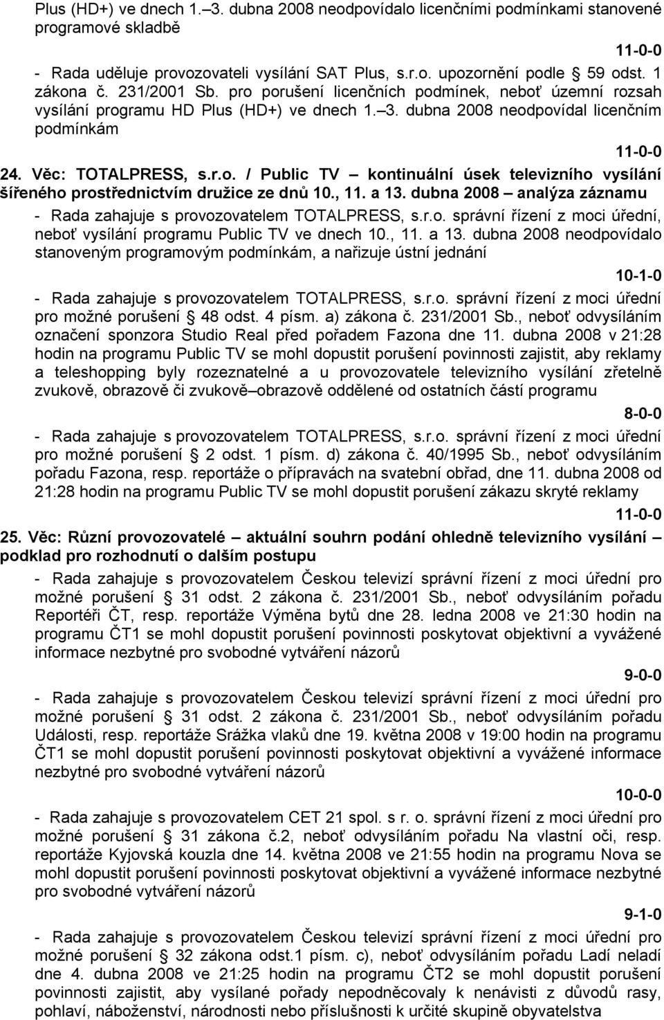 , 11. a 13. dubna 2008 analýza záznamu - Rada zahajuje s provozovatelem TOTALPRESS, s.r.o. správní řízení z moci úřední, neboť vysílání programu Public TV ve dnech 10., 11. a 13. dubna 2008 neodpovídalo stanoveným programovým podmínkám, a nařizuje ústní jednání 10-1-0 - Rada zahajuje s provozovatelem TOTALPRESS, s.