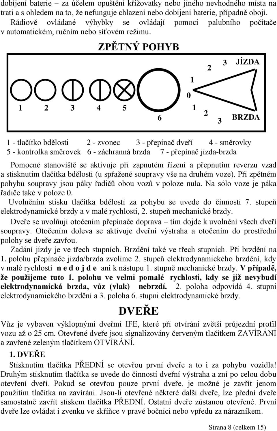 ZPĚTNÝ POHYB 1 2 3 JÍZDA 0 1 2 3 4 5 6 6 1 2 3 BRZDA 1 - tlačítko bdělosti 2 - zvonec 3 - přepínač dveří 4 - směrovky 5 - kontrolka směrovek 6 - záchranná brzda 7 - přepínač jízda-brzda Pomocné