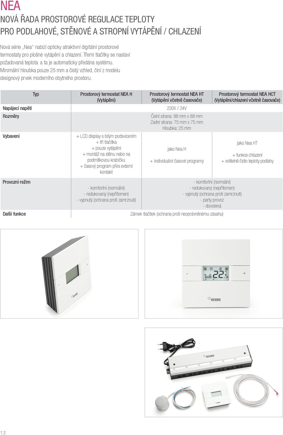 Typ Napájecí napětí Rozměry Vybavení Prostorový termostat NEA H (Vytápění) + LCD display s bílým podsvícením + tři tlačítka + pouze vytápění + montáž na stěnu nebo na podmítkovou krabičku + časový