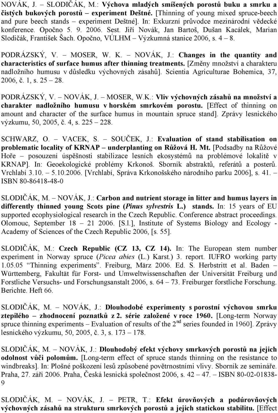 PODRÁZSKÝ, V. MOSER, W. K. NOVÁK, J.: Changes in the quantity and characteristics of surface humus after thinning treatments.