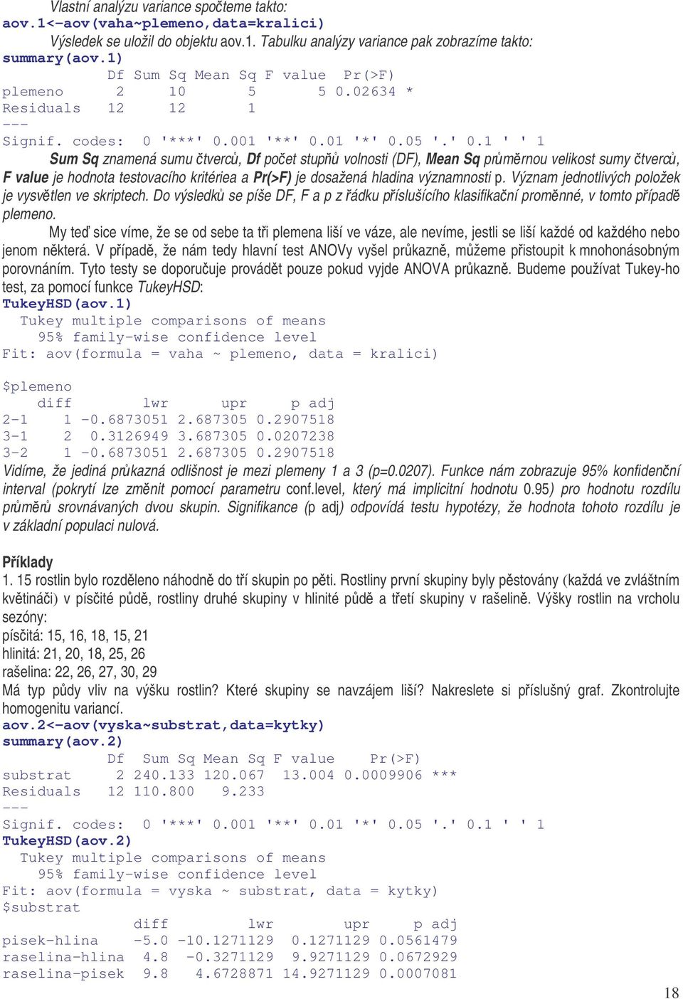 001 '**' 0.01 '*' 0.05 '.' 0.1 ' ' 1 Sum Sq znamená sumu tverc, Df poet stup volnosti (DF), Mean Sq prmrnou velikost sumy tverc, F value je hodnota testovacího kritériea a Pr(>F) je dosažená hladina významnosti p.