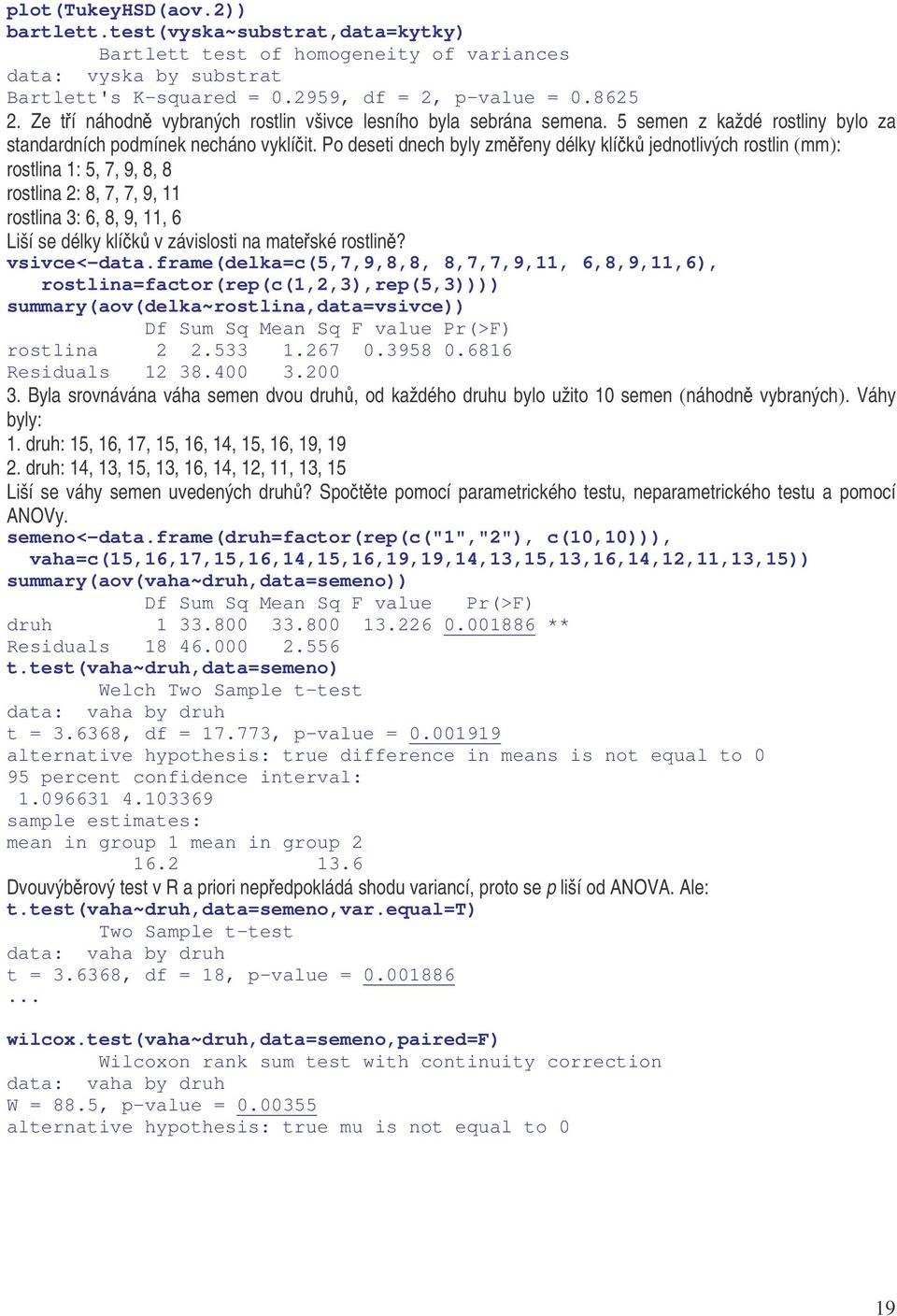 Po deseti dnech byly zmeny délky klík jednotlivých rostlin (mm): rostlina 1: 5, 7, 9, 8, 8 rostlina 2: 8, 7, 7, 9, 11 rostlina 3: 6, 8, 9, 11, 6 Liší se délky klík v závislosti na mateské rostlin?