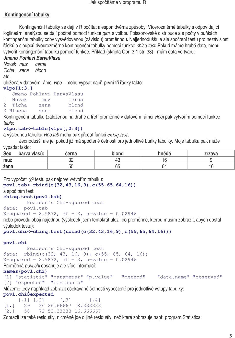 Nejjednodušší je ale spotení testu pro nezávislost ádk a sloupc dvourozmrné kontingenní tabulky pomocí funkce chisq.test. Pokud máme hrubá data, mohu vytvoit kontingenní tabulku pomocí funkce.