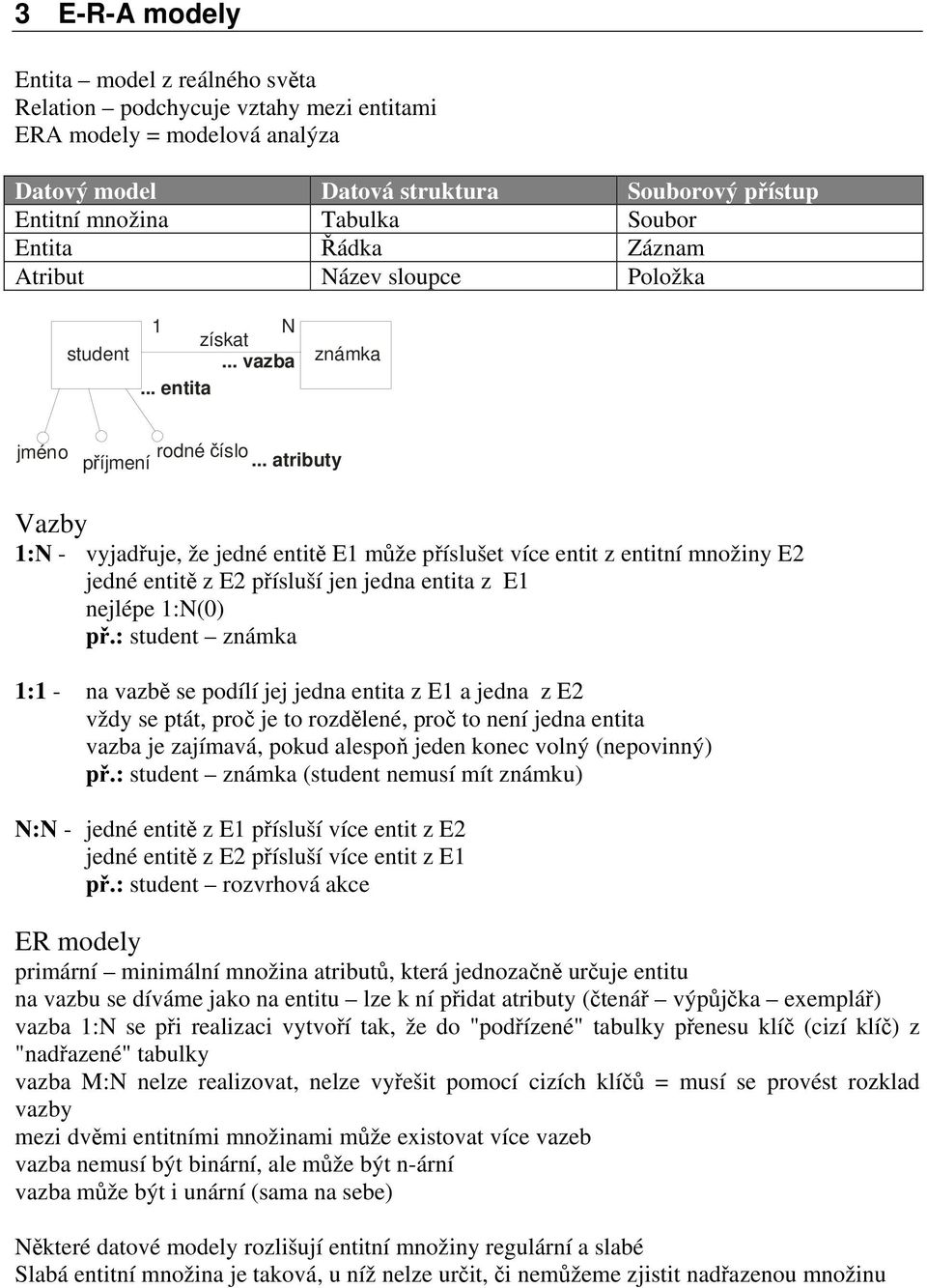 .. atributy Vazby 1:N - vyjadřuje, že jedné entitě E1 může příslušet více entit z entitní množiny E2 jedné entitě z E2 přísluší jen jedna entita z E1 nejlépe 1:N(0) př.