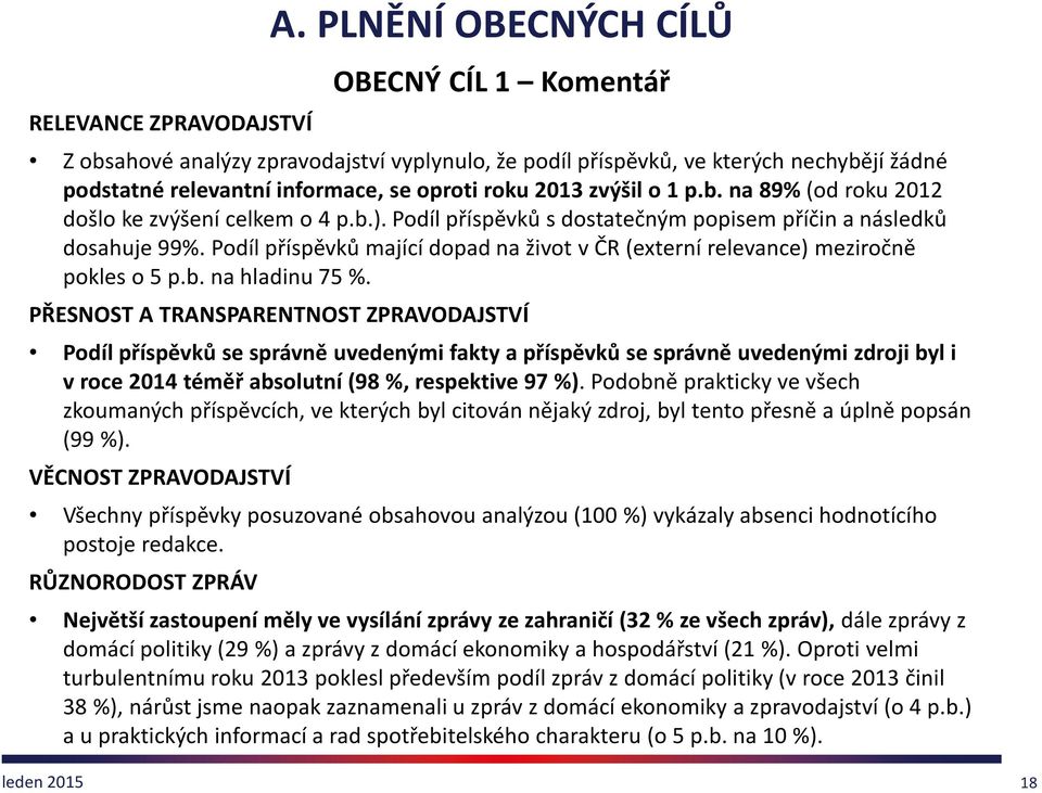 PŘESNOST A TRANSPARENTNOST ZPRAVODAJSTVÍ Podíl příspěvků se správně uvedenými fakty a příspěvků se správně uvedenými zdroji byl i v roce 2014 téměř absolutní (98 %, respektive 97 %).