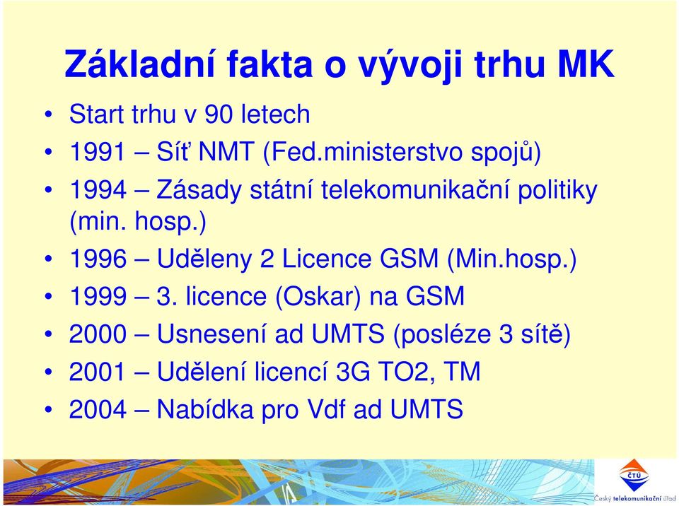 ) 1996 Uděleny 2 Licence GSM (Min.hosp.) 1999 3.