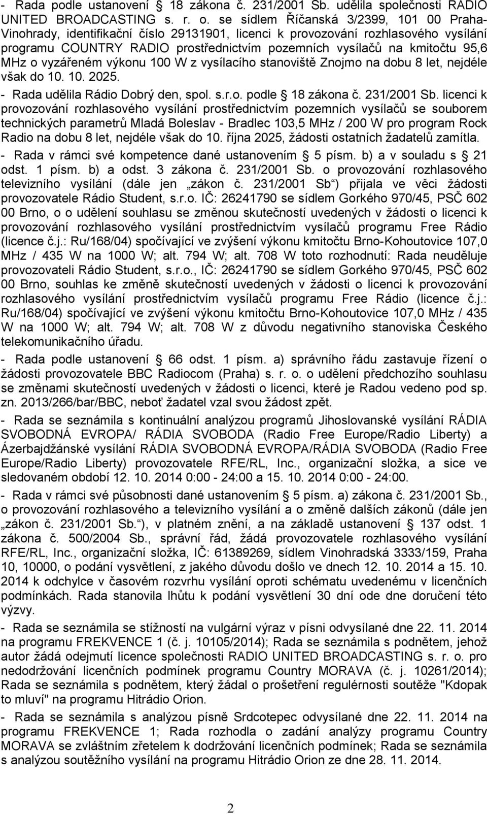 95,6 MHz o vyzářeném výkonu 100 W z vysílacího stanoviště Znojmo na dobu 8 let, nejdéle však do 10. 10. 2025. - Rada udělila Rádio Dobrý den, spol. s.r.o. podle 18 zákona č. 231/2001 Sb.