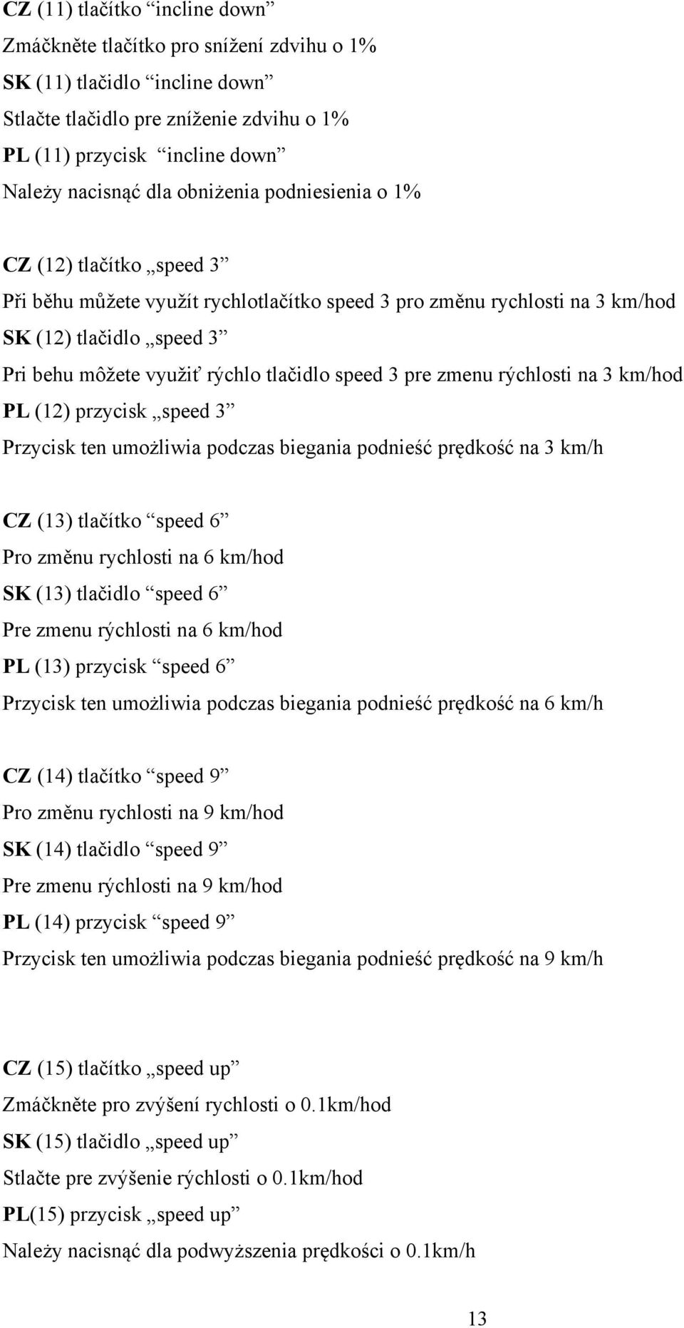 speed 3 pre zmenu rýchlosti na 3 km/hod PL (12) przycisk speed 3 Przycisk ten umożliwia podczas biegania podnieść prędkość na 3 km/h CZ (13) tlačítko speed 6 Pro změnu rychlosti na 6 km/hod SK (13)