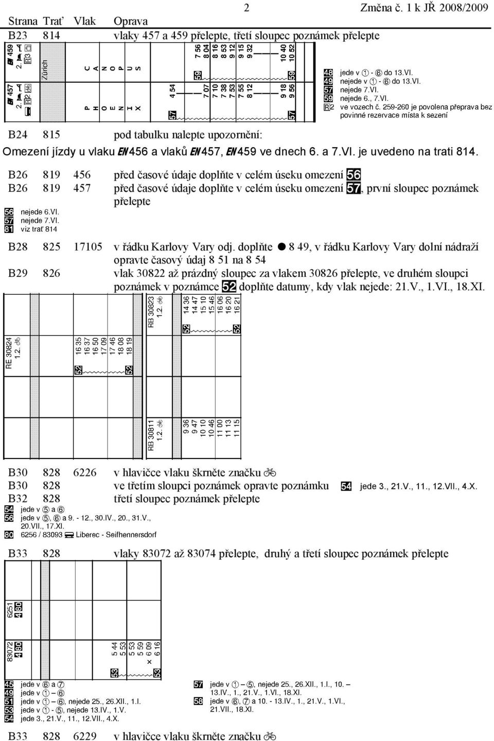 B26 819 456 před časové údaje doplňte v elém úseku omezení () B26 819 457 před časové údaje doplňte v elém úseku omezení (*, první sloupe poznámek přelepte B28 825 17105 v řádku Karlovy Vary odj.