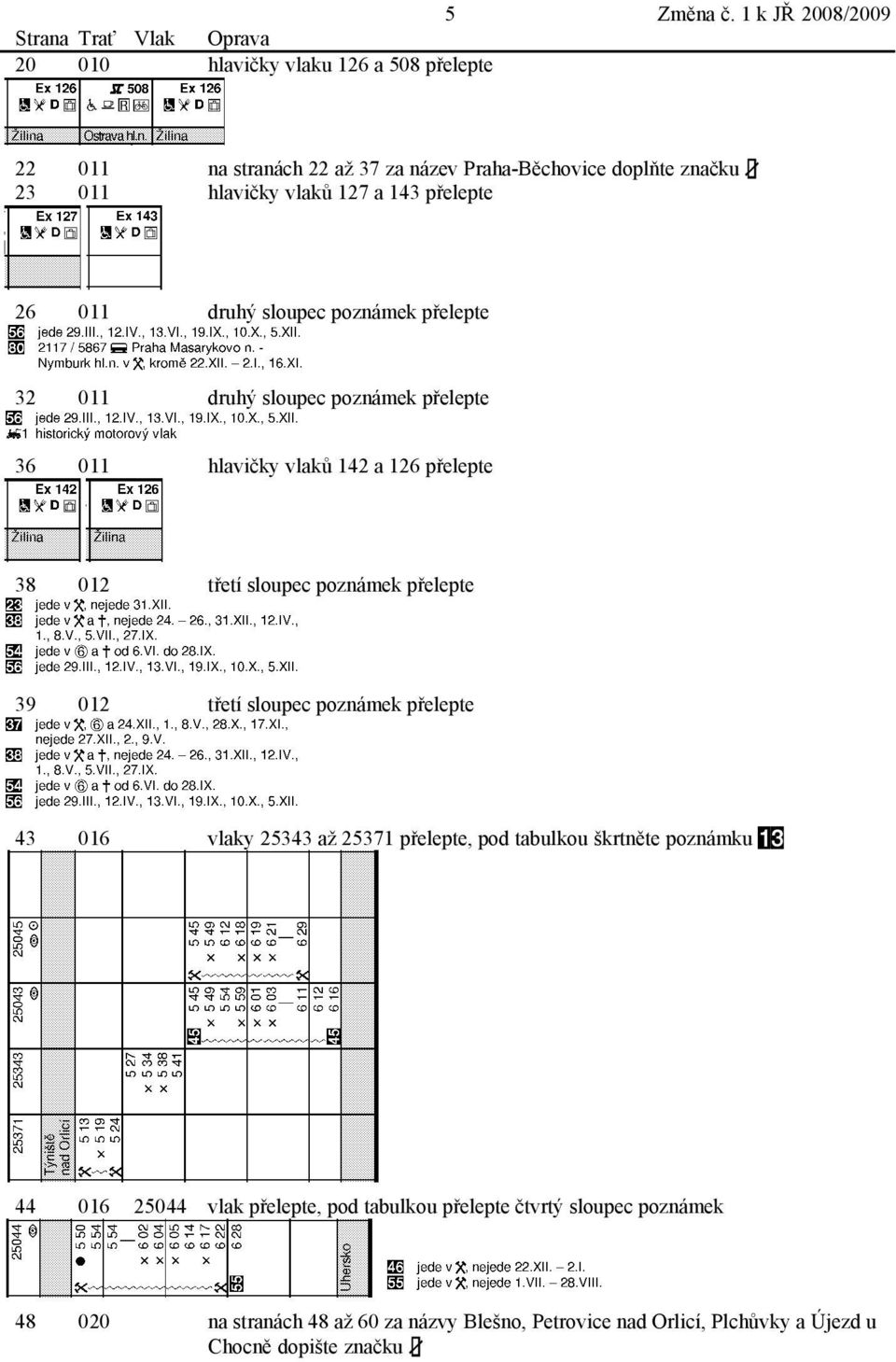 143 přelepte 26 011 druhý sloupe poznámek přelepte 32 011 druhý sloupe poznámek přelepte 36 011 hlavičky vlaků 142 a 126 přelepte 38 012 třetí sloupe