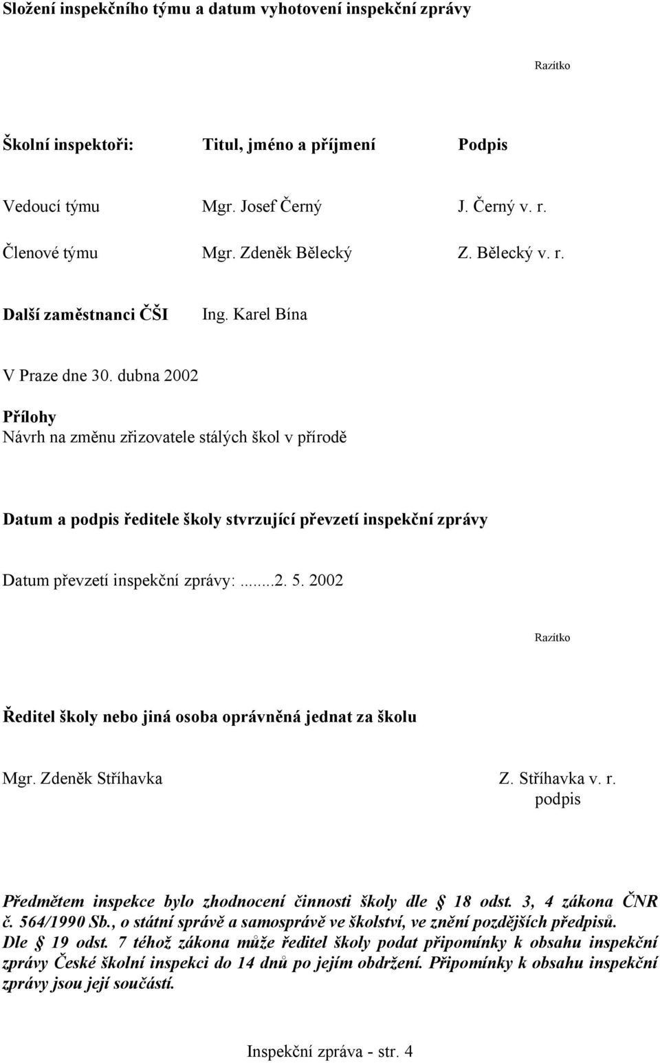 dubna 2002 Přílohy Návrh na změnu zřizovatele stálých škol v přírodě Datum a podpis ředitele školy stvrzující převzetí inspekční zprávy Datum převzetí inspekční zprávy:...2. 5.