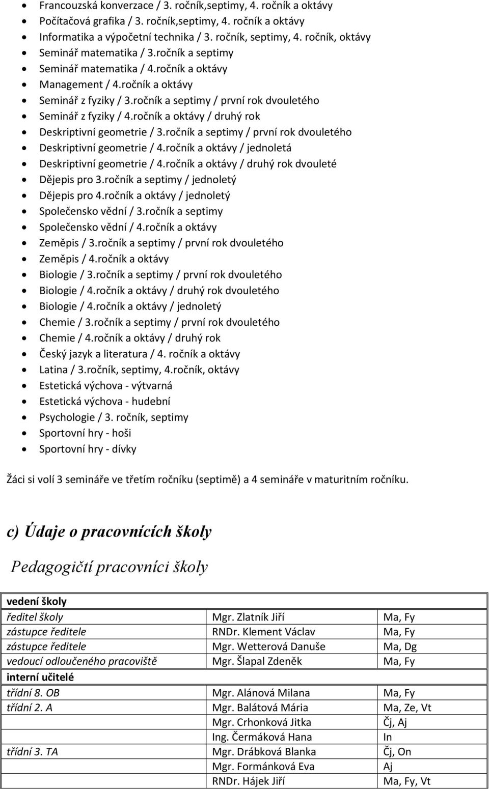 ročník a septimy / první rok dvouletého Seminář z fyziky / 4.ročník a oktávy / druhý rok Deskriptivní geometrie / 3.ročník a septimy / první rok dvouletého Deskriptivní geometrie / 4.