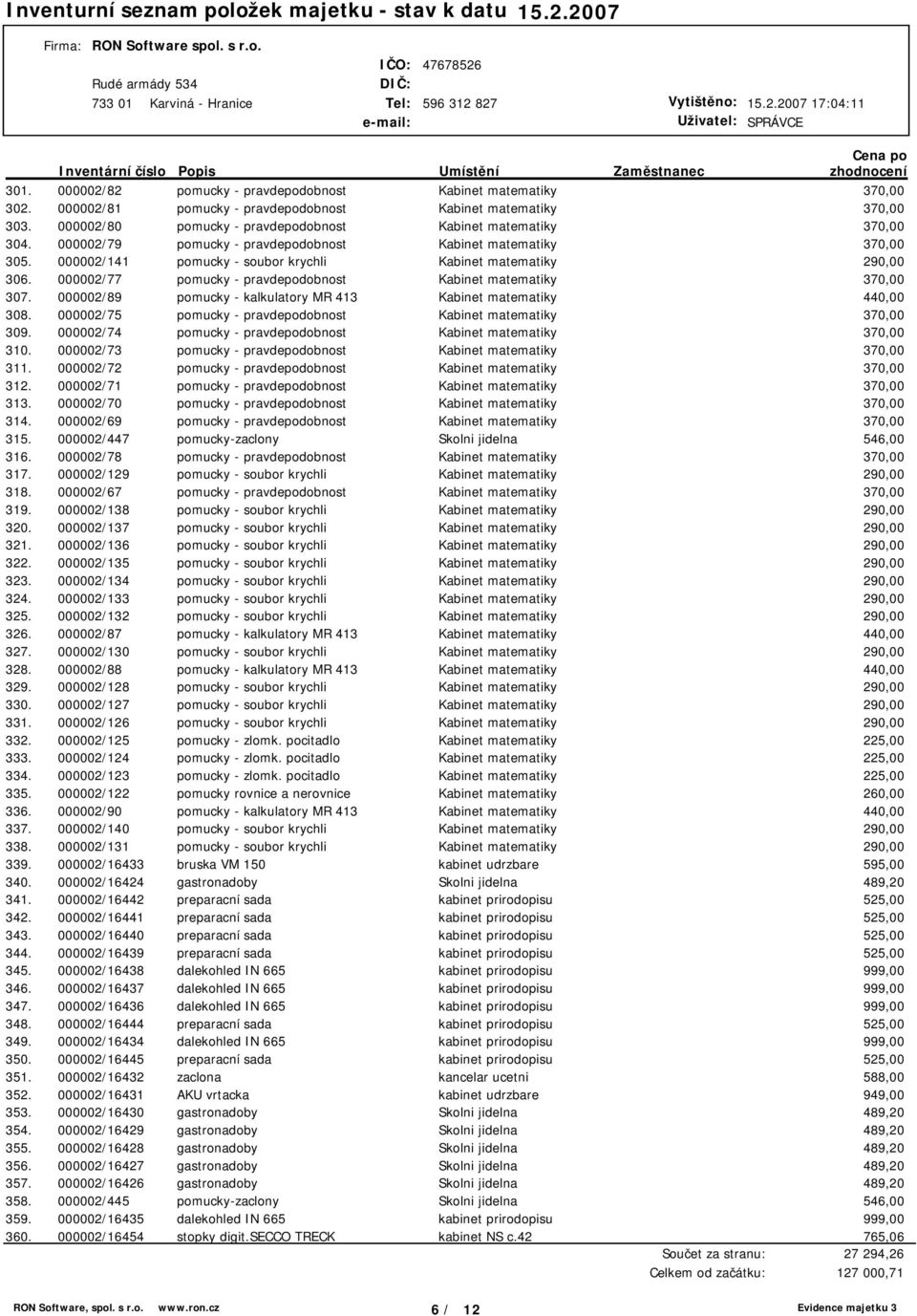 000002/77 pomucky - pravdepodobnost Kabinet matematiky 370,00 307. 000002/89 pomucky - kalkulatory MR 413 Kabinet matematiky 440,00 308.